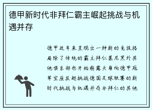德甲新时代非拜仁霸主崛起挑战与机遇并存